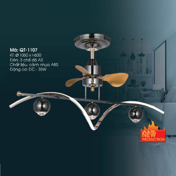 QT-1107: Quạt trần đèn - KT: Ø1050mm x H600mm - Đèn LED 3 chế độ ánh sáng