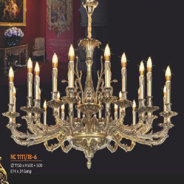 NC 1111/18+6:  Đèn chùm đồng 24 tay - KT: Ø1150mm x H600mm + 500mm - Bóng đèn chân E14 x 24 bóng