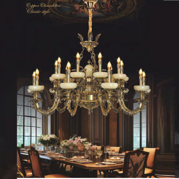 NC 1112/9+9:  Đèn chùm đồng 18 tay, chén đá - KT: Ø1100mm x H700mm + 400mm - Bóng  đèn chân E14 x 18 bóng