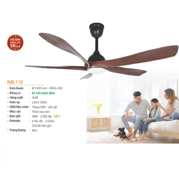 NQ 112: Quạt trần đèn LED 5 cánh - KT: Ø1400mm x H350mm + 450mm  - Đèn LED