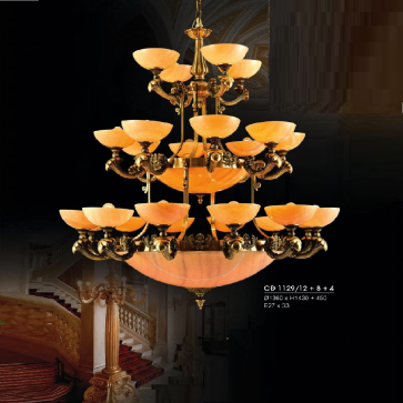 HF- CĐ 1129/12+8+4: Đèn chùm đồng 24 tay, chao đá - KT: Ø1360mm x H1430mm + 450mm - Bóng đèn chân E27 x 33 bóng