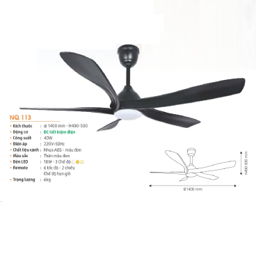 NQ 113: Quạt trần đèn LED 5 cánh - KT: 1400mm x H400mm + 500mm  - Đèn LED