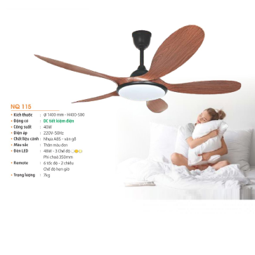 NQ 115: Quạt trần đèn LED 5 cánh - KT: Ø1400mm x H400mm + 500mm  - Đèn LED