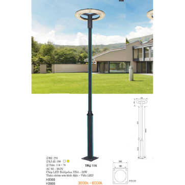 TRỤ 116: Đèn trụ sân vườn chất liệu hợp kim, Đèn LED - Cao 3300mm - Ánh sáng trắng/vàng