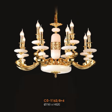 VE - CĐ - 1162/8+4: Đèn chùm đồng 12 tay, chao đá - KT: Ø780mm x H620mm - Bóng đèn E14 x 12 bóng