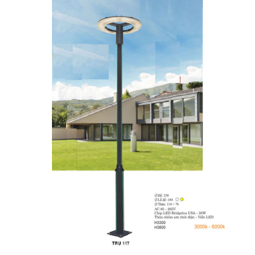 TRỤ 117: Đèn trụ sân vườn chất liệu hợp kim, Đèn LED - Cao 3300mm - Ánh sáng trắng/vàng