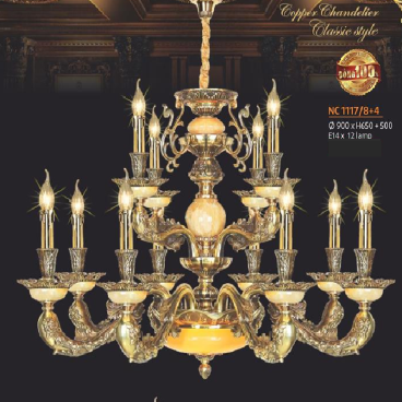 NC 1117/8+4:  Đèn chùm đồng 12 tay, chao đá - KT: Ø900mm  x H 650mm + 500mm - Bóng đèn chân E14 x 12 bóng