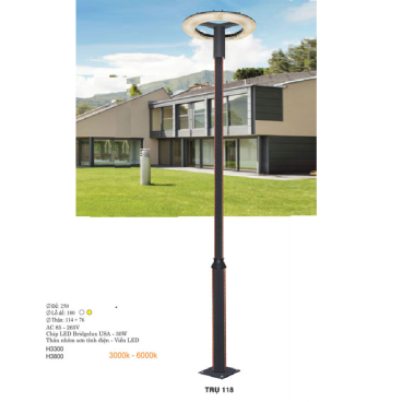 TRỤ 118: Đèn trụ sân vườn chất liệu hợp kim, Đèn LED - Cao 3300mm - Ánh sáng trắng/vàng