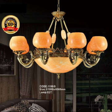CODE: 1199/8: Đèn chùm đồng 8 tay, chao đá - KT: Ø 1000mm  x H 560mm - Bóng đèn chân E14 x 11 bóng