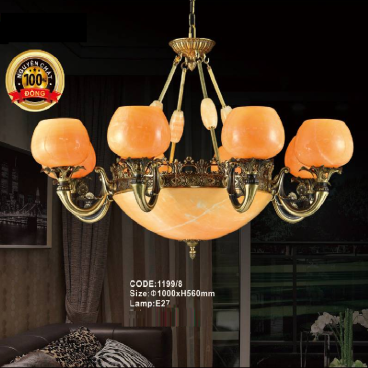 CODE: 1199/8: Đèn chùm đồng 8 tay, chao đá - KT: Ø 1000mm  x H 560mm - Bóng đèn chân E14 x 11 bóng
