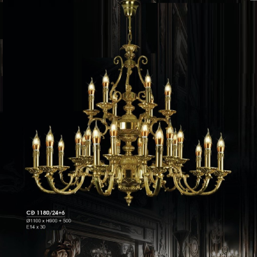 HF- CĐ 1180/24+6: Chùm đồng 30 tay - KT: Ø1100 x H900 + 450mm - Đèn chân E14 x 30 bóng