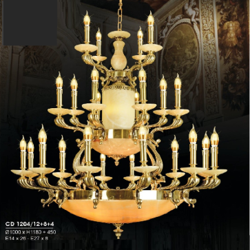 HF - CĐ 1204/12+8+4: Chùm đồng 24 tay, chao đá - KT: Ø1000mm x H1180mm + 450mm - Bóng đèn chân E14 x 26 bóng + E27 x 8 bóng