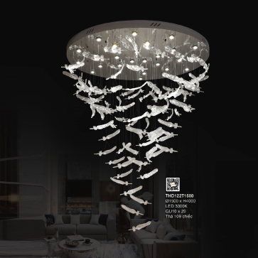 3 - THD122T1500: Đèn thả thông tầng chao thủy tinh/Phale chiếc lá - KT: Ø1500mm x H4000mm - Đèn LED ánh sáng vàng 3000K  GU 10 x 29 bóng