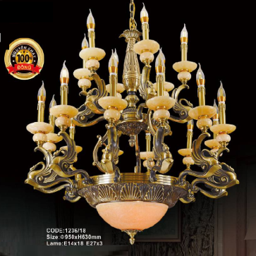 CODE: 1236/18:  Đèn chùm đồng 18 tay, chao đá vàng - KT: Ø 950mm x H 630mm - Bóng đèn chân E 14 x 15 bóng + E 27 x 3 bóng
