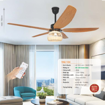 NQ 124: Quạt trần đèn LED 5 cánh - KT: Ø1320mm x H600mm + 700mm  - Đèn E27 x 1