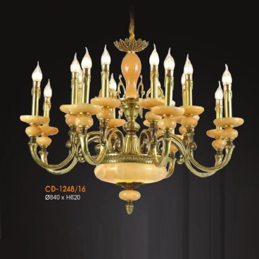 VE - CĐ - 1248/16: Đèn chùm đồng 16 tay, chao đá - KT: Ø840mm x H620mm - Bóng đèn E14 x 16 bóng
