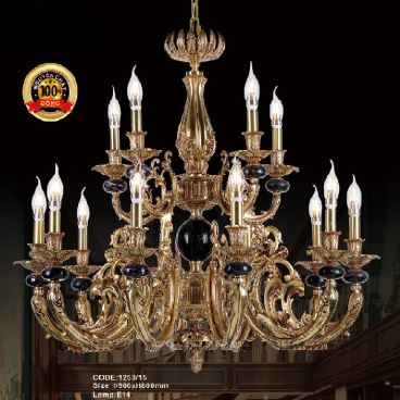 CODE:1253/15: Đèn chùm đồng 15 tay, đá đen - KT: Ø 900mm x H 800mm - Bóng đèn chân E14 x 15 bóng