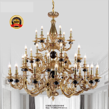 CODE:1253/24+8+6:  Đèn chùm đồng 38 tay, đá đen - KT: Ø 1200mm x H 1150mm - Bóng đèn chân E 14 x 38 bóng