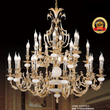 CODE:1254/18+6:  Đèn chùm đồng 24 tay, chao đá màu vàng - KT: Ø 1000mm x H 880mm - Bóng đèn chân E 14 x 24 bóng