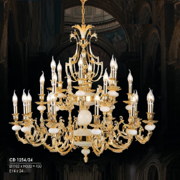 HF- CĐ 1254/24: Chùm đồng nến 24 tay - KT: Ø1100mm x H880mm + 450mm - Bóng đèn chân E14 x 24 bóng