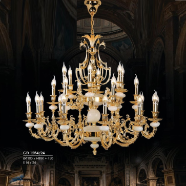 HF - CĐ 1254/24: Chùm đồng 24 tay, đá trắng - KT: Ø1100mm x H880mm + 450mm - Đèn chân E14 x 24 bóng