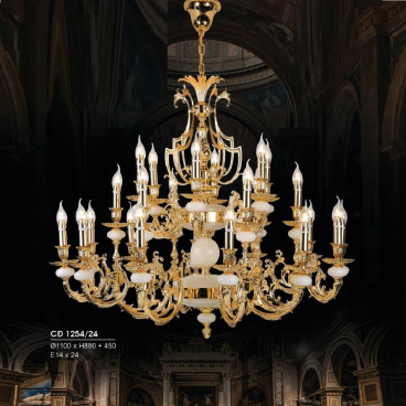 HF - CĐ 1254/24: Chùm đồng 24 tay, đá trắng - KT: Ø1100mm x H880mm + 450mm - Đèn chân E14 x 24 bóng