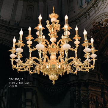 HF - CĐ 1258/18: Chùm đồng 18 tay - KT: Ø1060mm x H880mm + 450mm - Bóng đèn chân E14 x 18 bóng