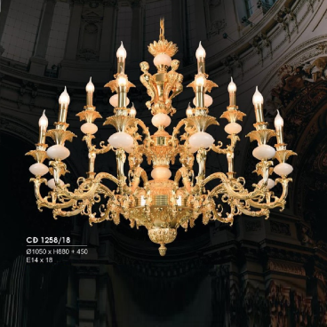 HF - CĐ 1258/18: Chùm đồng 18 tay - KT: Ø1060mm x H880mm + 450mm - Bóng đèn chân E14 x 18 bóng
