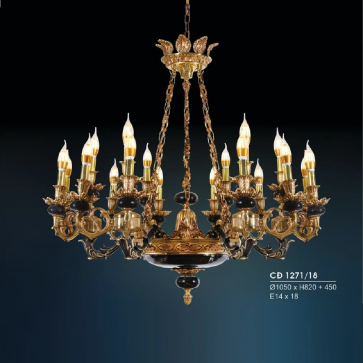 HF- CĐ 1271/18: Chùm đồng 18 tay, đá đen - KT: Ø1060mm x H980mm + 450mm - Bóng đèn chân E 14 x 18 bóng