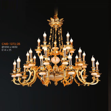 VER - CNĐ -1273/25: Đèn chùm đồng, đá 25 tay - KT: Ø1050mm x H950mm - Bóng đèn chân E14 x 25 bóng