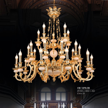 HF - CĐ 1273/25: Chùm đồng nến 25 tay - KT: Ø1050mm x H950mm + 450mm - Bóng đèn chân E14 x 25 bóng