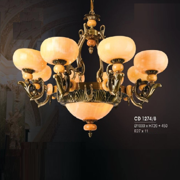 HF - CĐ 1274/8: Chùm đồng 8 tay, chao đá - KT: Ø1000mm x H720mm + 450mm - Bóng đèn chân E27 x 11 bóng