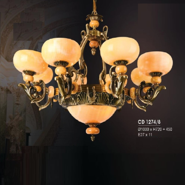 HF - CĐ 1274/8: Chùm đồng 8 tay, chao đá - KT: Ø1000mm x H720mm + 450mm - Bóng đèn chân E27 x 11 bóng