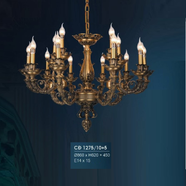 HF - CĐ 1275/10+5: Chùm đồng 15 tay - KT: Ø860mm  x H620mm + 450mm - Bóng đèn chân E14 x 15 bóng