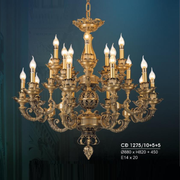 HF- CĐ 1275/10+5+5: Chùm đồng 20 tay - KT: Ø880mm x H820mm + 450mm - Bóng đèn chân E14 x 20 bóng
