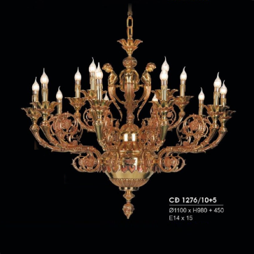 HF- CĐ 1276/10+5: Chùm đồng 15 tay - KT: Ø1100mm x H980mm + 450mm - Bóng đèn chân E14 x 15 bóng