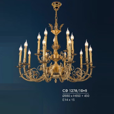 HF- CĐ 1278/10+5:  Chùm đồng 15 tay - KT: Ø880mm x H650mm x 450mm - Bóng đèn chân E14 x 15 bóng