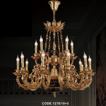 CODE: 1278/10+5:  Đèn chùm đồng 15 tay, chao đá đen - KT: Ø 960mm x H 920mm - Bóng đèn chân E 14 x 15 bóng
