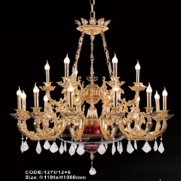 CODE: 1278/12+6: Đèn chùm đồng 12 tay, chao đáy thủ tinh màu - KT: Ø 1100mm x H 1060mm - Bóng đèn chân E14 x 18 bóng