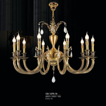 HF- CĐ 1279/10: Chùm đồng 10 tay - KT: Ø920mm x H500mm + 450mm - Bóng đèn chân E14 x 10 bóng