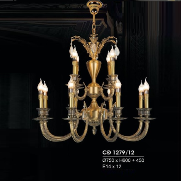 HF- CĐ 1279/12: Chùm đồng 12 tay - KT: Ø750mm x H600mm + 450mm - Bóng đèn chân E14 x 12 bóng