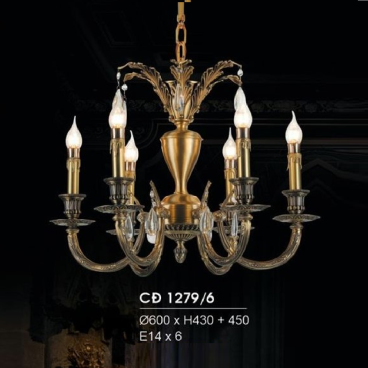 HF- CĐ 1279/6: Chùm đồng 10tay - KT: Ø600mm x H430mm + 450mm - Đèn chân E14 x 6 bóng
