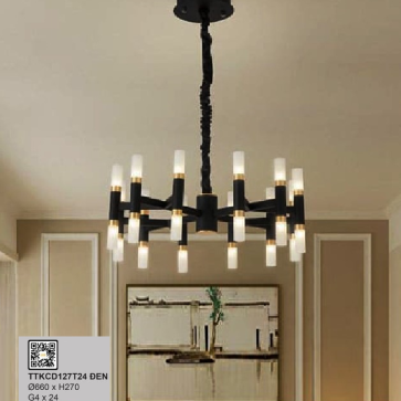 35 - TTKCD127T24 Đen: Đèn chùm LED 24 tay chao ống thủy tinh - KT: Ø660mm x H270mm - Đèn LED G4 x 24 bóng