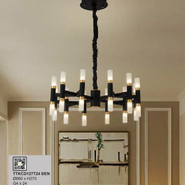 35 - TTKCD127T24 Đen: Đèn chùm LED 24 tay chao ống thủy tinh - KT: Ø660mm x H270mm - Đèn LED G4 x 24 bóng