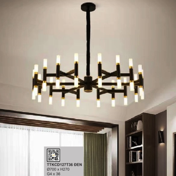 35 - TTKCD127T36 Đen: Đèn chùm LED 36 tay chao ống thủy tinh - KT: Ø700mm x H270mm - Đèn LED G4 x 36 bóng