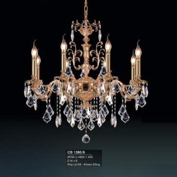 HF - CĐ 1280/8: Đèn chùm đồng 8 tay, lá Phale - KT: Ø760mm x H800mm + 450mm - Bóng đèn nến E14 x 8 bóng