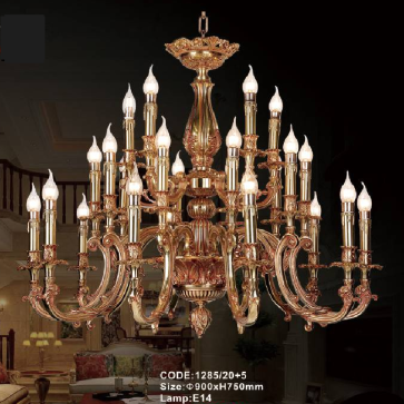 CODE: 1285/20+5 :Đèn chùm đồng 20 tay - KT: Ø 900mm x H 750mm - Bóng đèn chân E 14 x 25 bóng