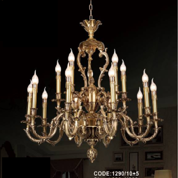CODE: 1290/10+5:  Đèn chùm đồng 15 tay - KT: Ø 830mm x H 800mm - Bóng đèn chân E 14 x 15 bóng