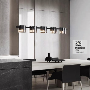 35 - TTK130N5: Đèn thả ngang LED 5 bóng, chao thủy tinh  - KT: L900mm - Đèn LED đổi 3 màu