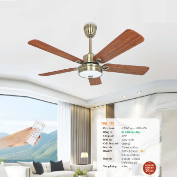 NQ 132: Quạt trần đèn LED 5 cánh - KT: Ø1300mm x H300mm + 400mm  - Đèn LED